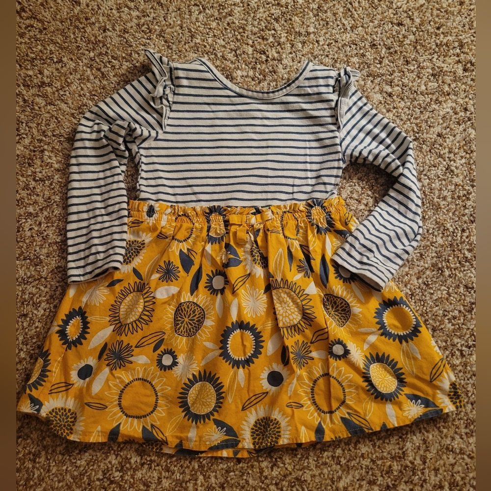 Cat & Jack Blue and White Striped Long Sleeve Sunflower Print Dress | 2T